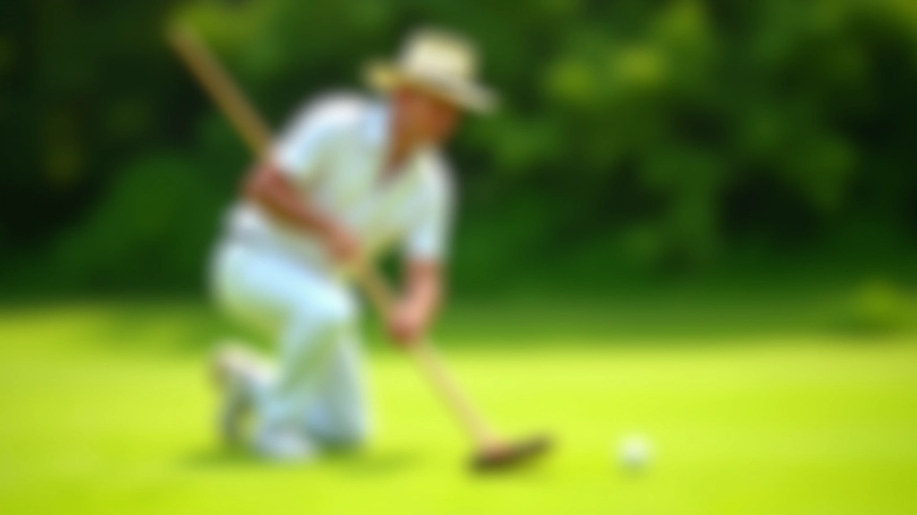 صورة لاعب كروكيه محترف يقوم بتصويب الكرة نحو طوق معدني على ملعب أخضر نظيف
